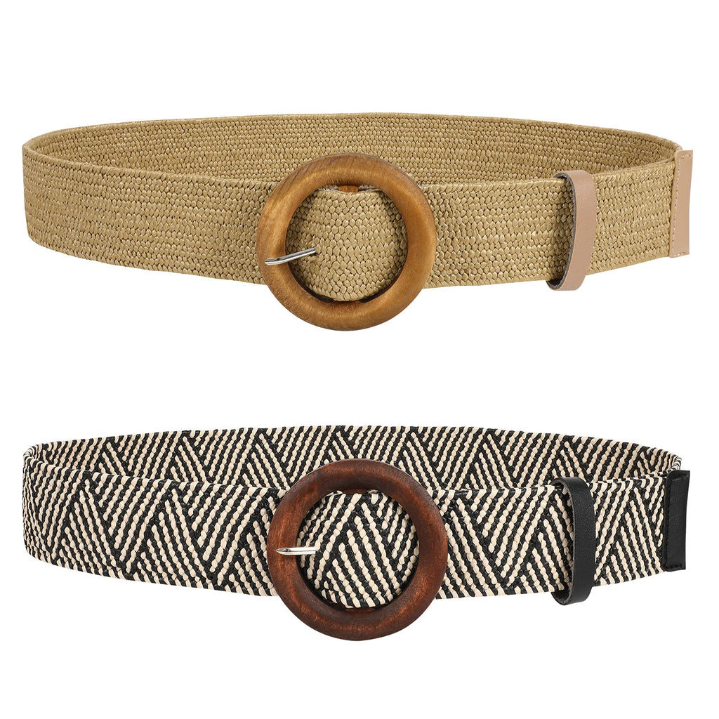 Straw Woven Elastic Stretch Belts Women, Wide Boho Braided Dress Belts with Wooden Style Buckle by JASGOOD