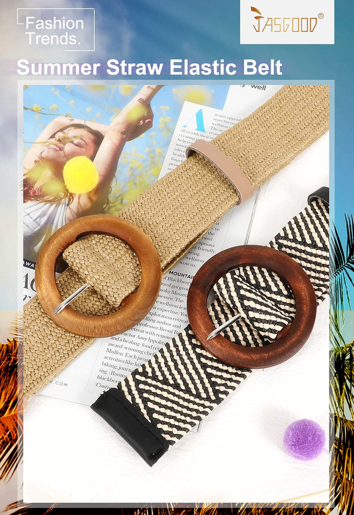 Straw Woven Elastic Stretch Belts Women, Wide Boho Braided Dress Belts with Wooden Style Buckle by JASGOOD