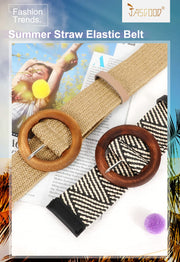 Straw Woven Elastic Stretch Belts Women, Wide Boho Braided Dress Belts with Wooden Style Buckle by JASGOOD