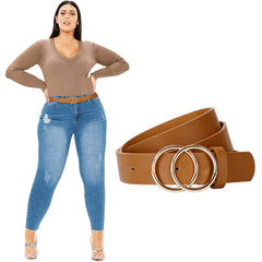 JASGOOD Plus Size Double O Ring Belt for Women Leather Belt,Ladies PU Leather Waist Belts for Jeans Pants