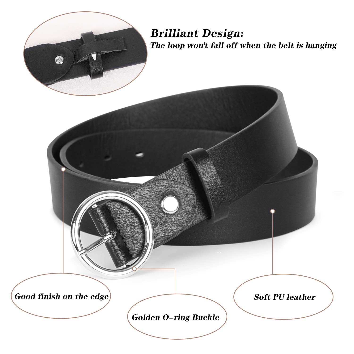 Women Leather Belts Fashion Soft Faux Leather Jeans Belts with O-Ring Buckle