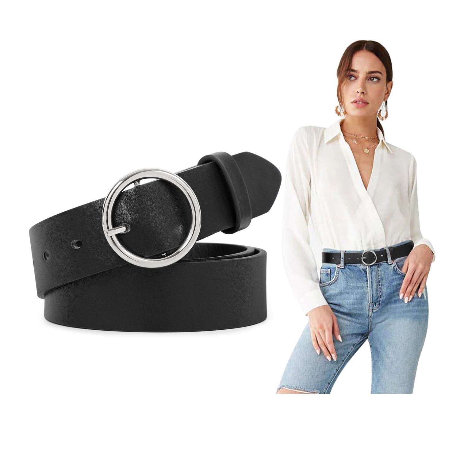 Women Leather Belts Fashion Soft Faux Leather Jeans Belts with O-Ring Buckle