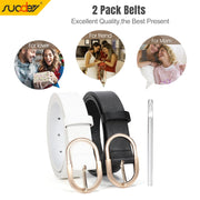 2 Pack Women Leather Belts for Jeans Pants Dress with Fashion Golden Buckle Faux Leather Belt