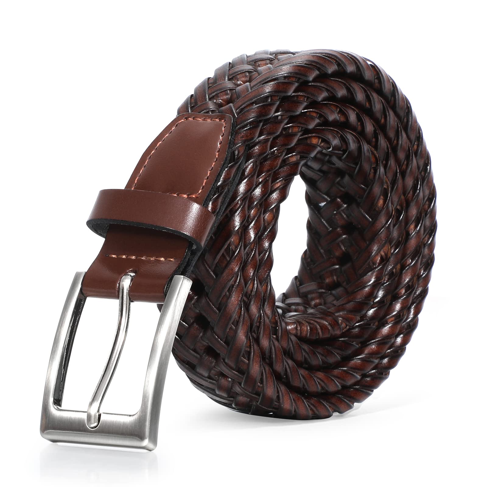 Mens Braided Leather Belt Genuine Cowhide Woven Leather Belt for Casual Jeans Pants with Solid Prong Buckle Christmas Gift - JASGOOD OFFICIAL