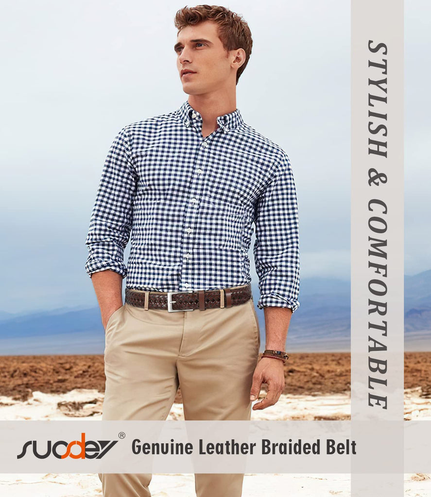 Mens Braided Leather Belt SUOSDEY Cowhide Woven Leather Belt for Casual Jeans Pants with Solid Prong Buckle Christmas Gift