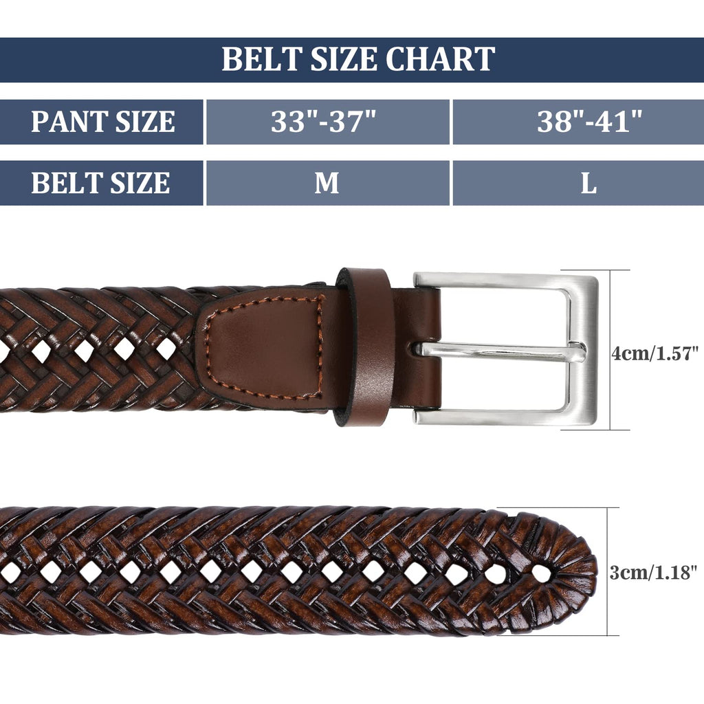 Mens Braided Leather Belt SUOSDEY Cowhide Woven Leather Belt for Casual Jeans Pants with Solid Prong Buckle Christmas Gift