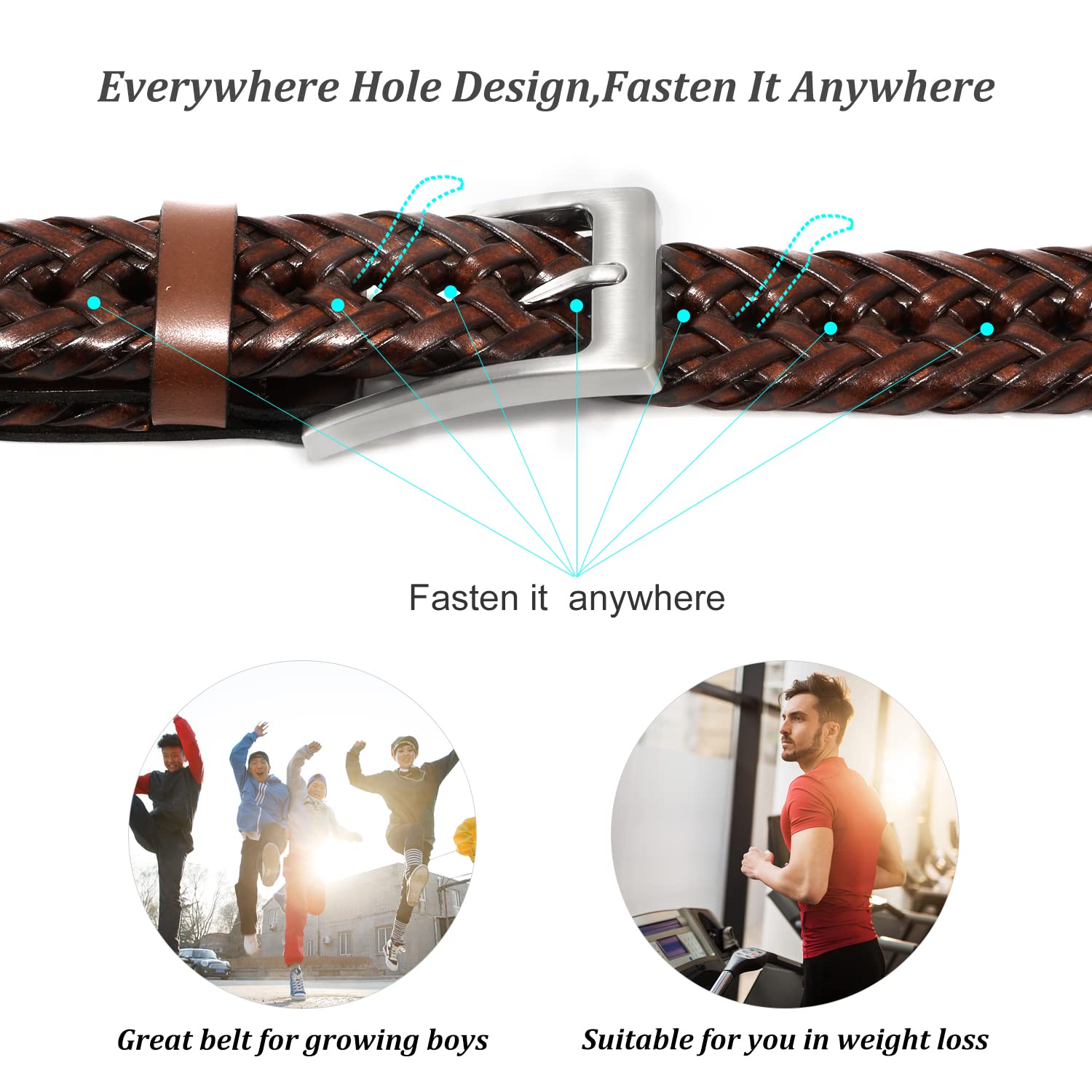 Mens Braided Leather Belt Genuine Cowhide Woven Leather Belt for Casual Jeans Pants with Solid Prong Buckle Christmas Gift - JASGOOD OFFICIAL