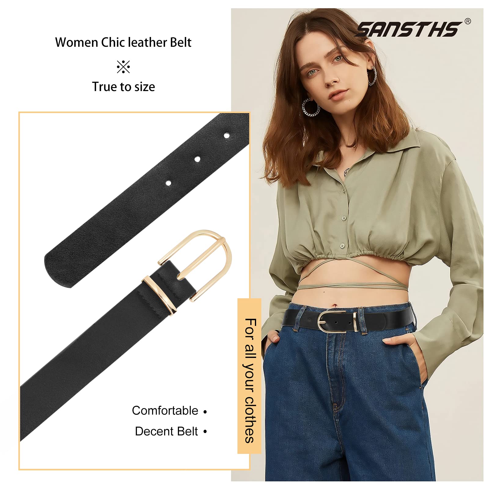Women Leather belt Faux leather Chic Belt for Jeans Solid Color with Long Gold Curved Pin Buckle - JASGOOD OFFICIAL
