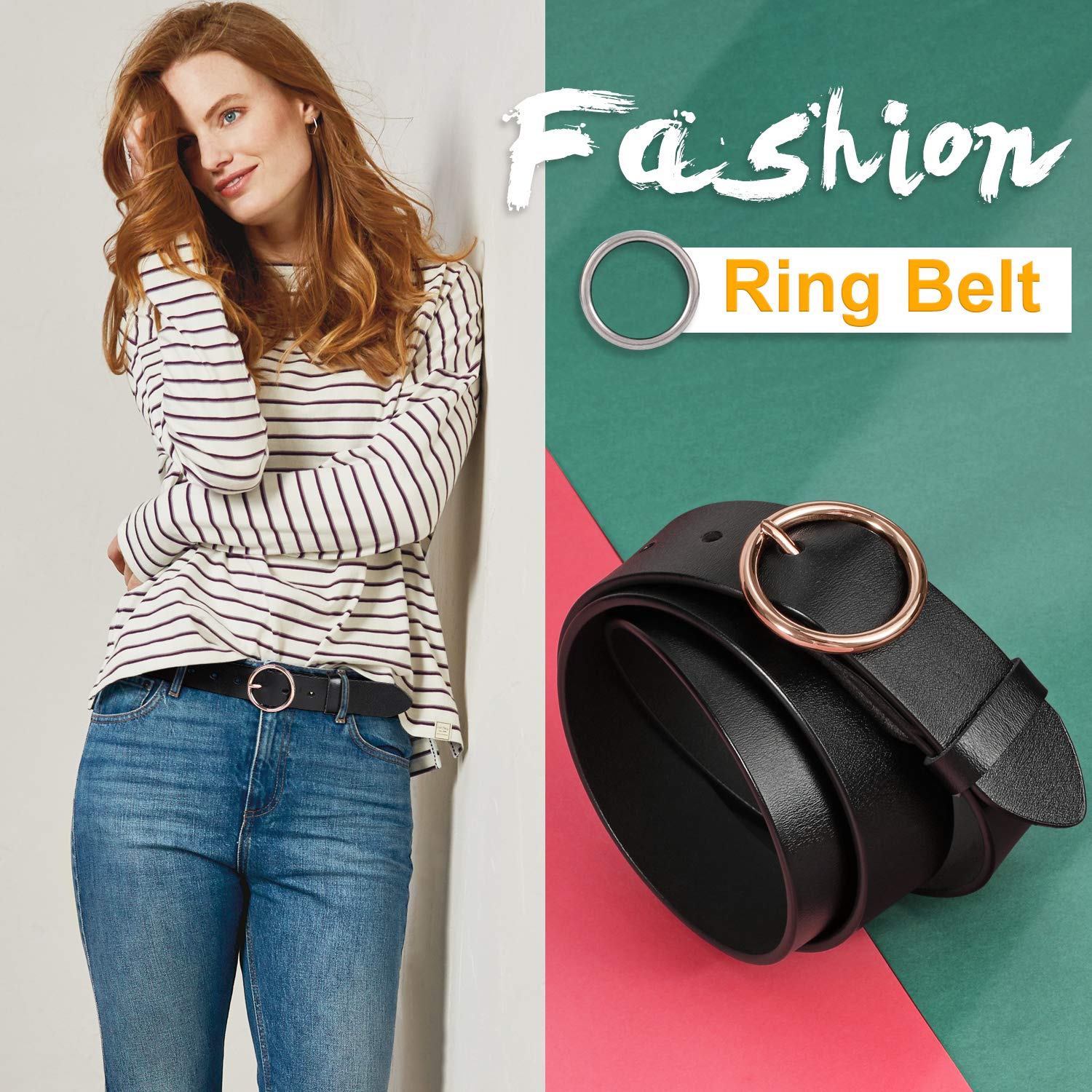 Women Casual Dress Belt Fashion Leather Belt with O Ring Buckle for Jeans Pants - JASGOOD OFFICIAL