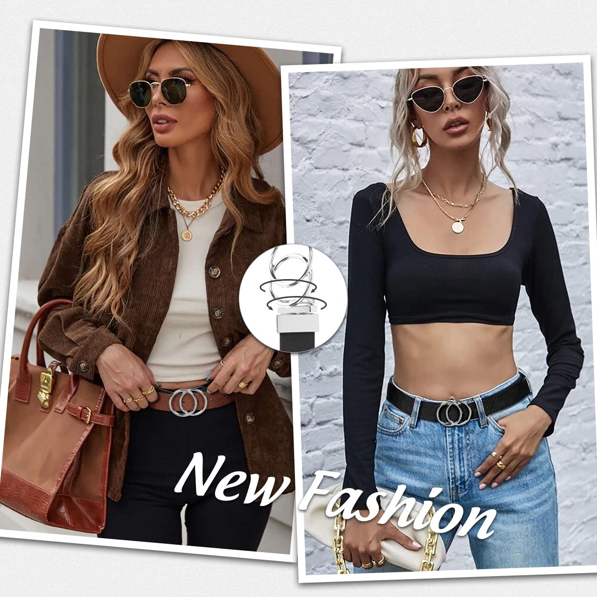 Women Leather Belt, Reversible Belt, Leather Waist Belt for Jeans Dress with Gold Double O Ring Rotate Buckle - JASGOOD OFFICIAL