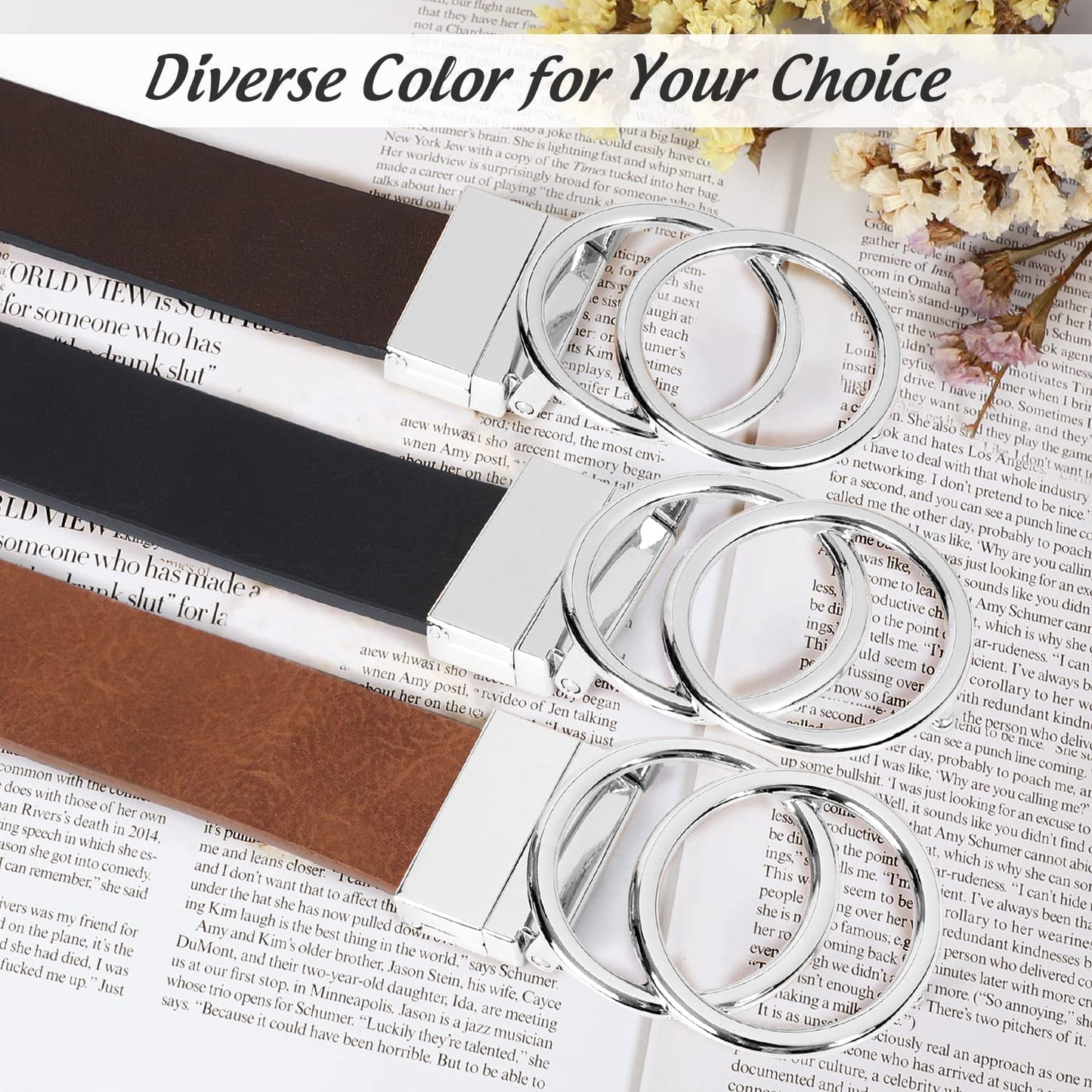 Women Leather Belt, Reversible Belt, Leather Waist Belt for Jeans Dress with Gold Double O Ring Rotate Buckle - JASGOOD OFFICIAL