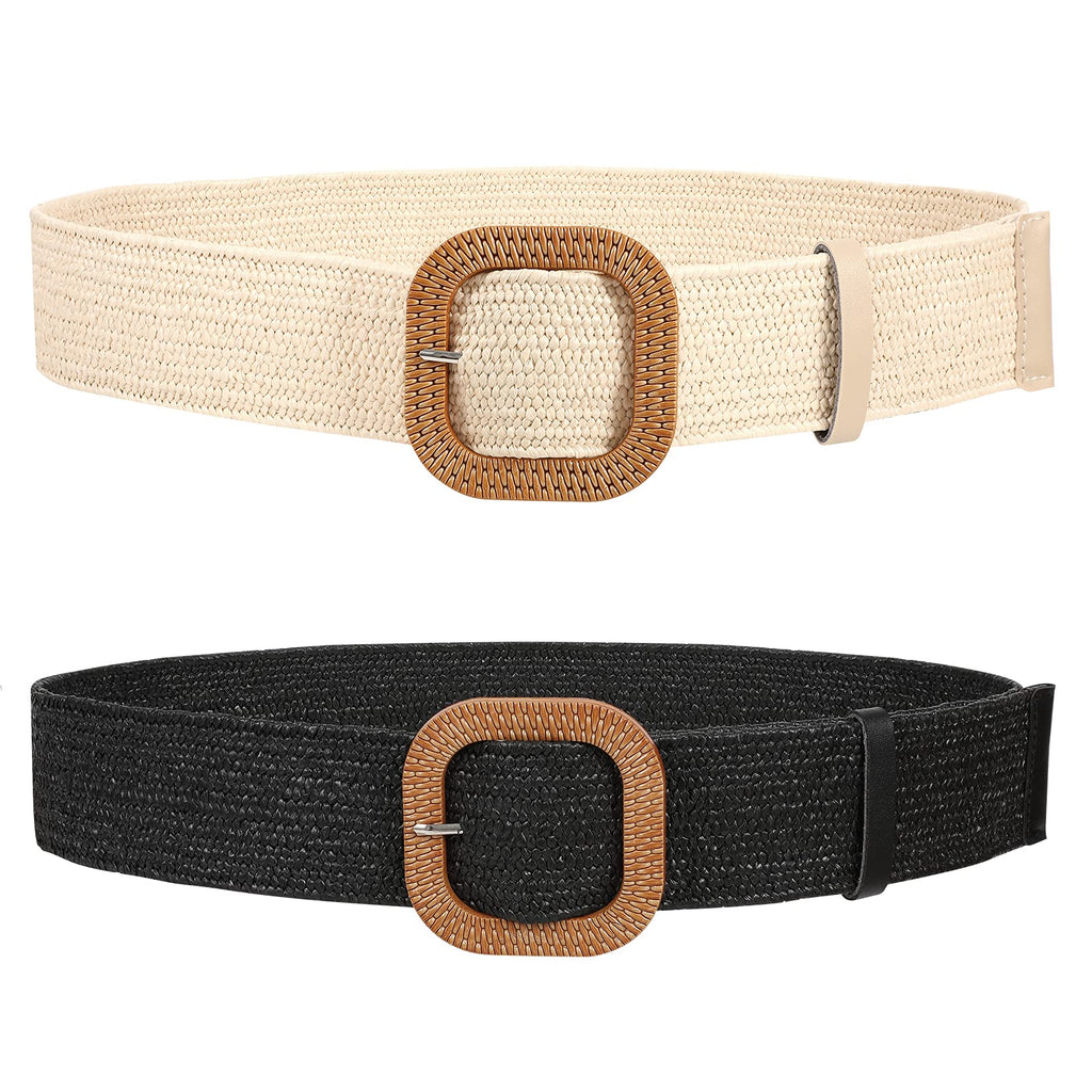 Straw Woven Elastic Stretch Belts Women, Wide Boho Braided Dress Belts with Wooden Style Buckle by JASGOOD