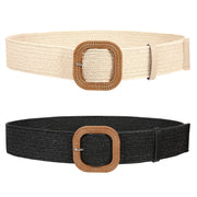 Straw Woven Elastic Stretch Belts Women, Wide Boho Braided Dress Belts with Wooden Style Buckle by JASGOOD