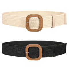 Straw Woven Elastic Stretch Belts Women, Wide Boho Braided Dress Belts with Wooden Style Buckle by JASGOOD - JASGOOD OFFICIAL