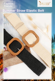 Straw Woven Elastic Stretch Belts Women, Wide Boho Braided Dress Belts with Wooden Style Buckle by JASGOOD
