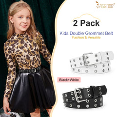 JASGOOD Kids Double Grommet Belt for Girls and Boys, PU Leather Kids Double Studded Holes Belt for Jeans Pants