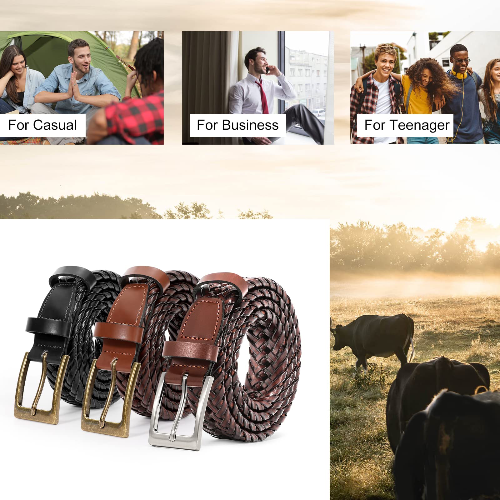 JASGOOD Men's Braided Leather Belt Braided Woven Belt for Men Casual Jeans with Solid Strap Single Prong Buckle - JASGOOD OFFICIAL