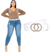 JASGOOD Plus Size Double O Ring Belt for Women Leather Belt,Ladies PU Leather Waist Belts for Jeans Pants