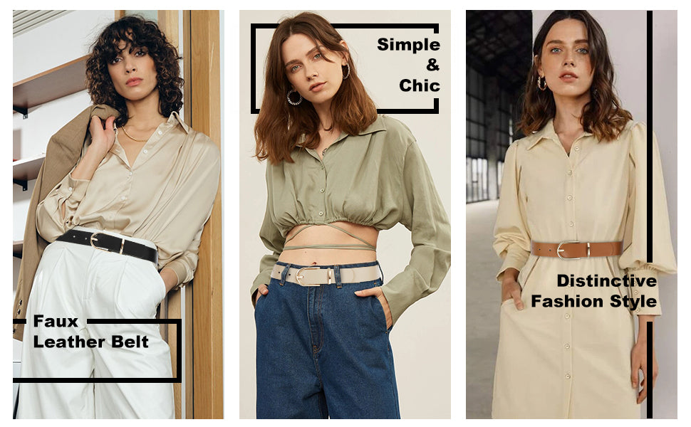Women Leather belt Faux leather Chic Belt for Jeans Solid Color with Long Gold Curved Pin Buckle - JASGOOD OFFICIAL