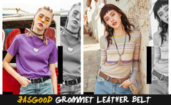 JASGOOD Women Grommet Leather Belt, Ladies Studded Holes Belts for Jeans Pants