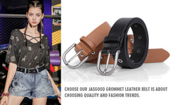 JASGOOD Women Grommet Leather Belt, Ladies Studded Holes Belts for Jeans Pants