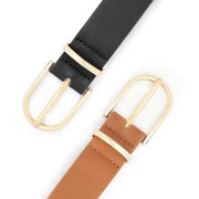 Women Leather belt Faux leather Chic Belt for Jeans Solid Color with Long Gold Curved Pin Buckle