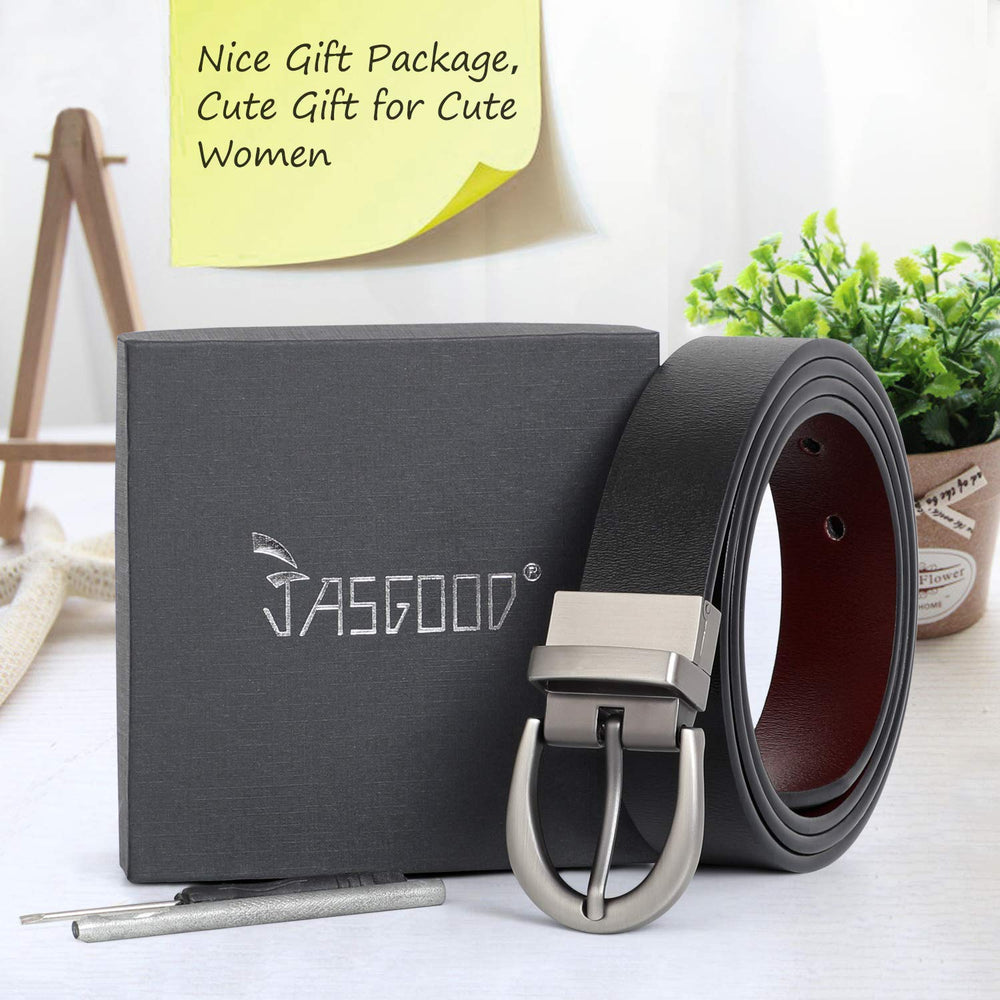JASGOOD Women Leather Reversible Belt, Ladies Belt for Jeans with Rotated Buckle