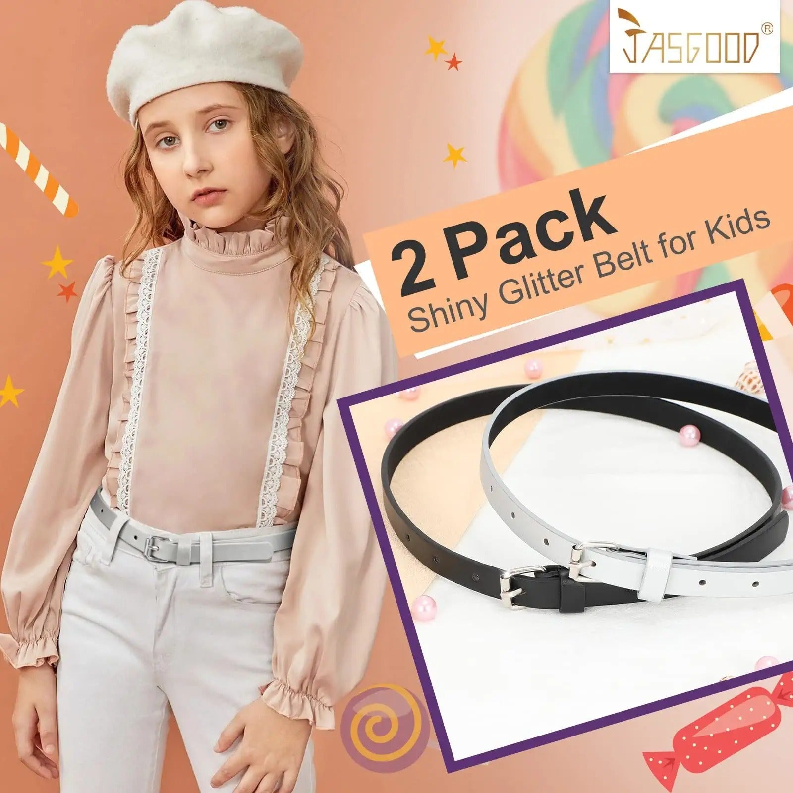 4 Pack 3 Pack 2 Pack Kids Belt Fashion Glitter Belt, Cute Shiny PU Leather Belt for Girls and Boys Back to School Gift - JASGOOD OFFICIAL