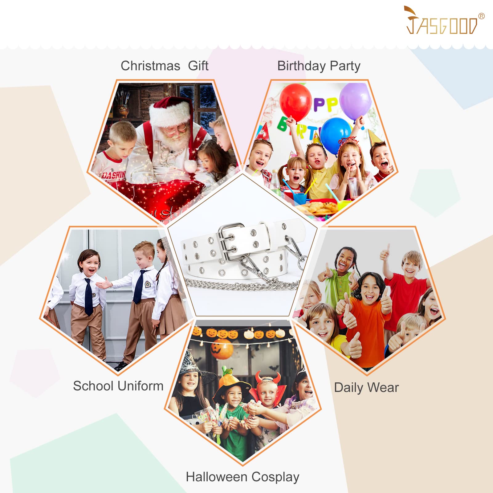 JASGOOD Kids Double Grommet Belt for Girls and Boys, PU Leather Kids Double Studded Holes Belt for Jeans Pants - JASGOOD OFFICIAL