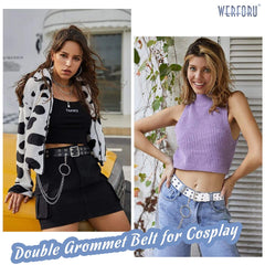 2 Pack Double Grommet Belt PU Leather Punk Belt for Women Jeans