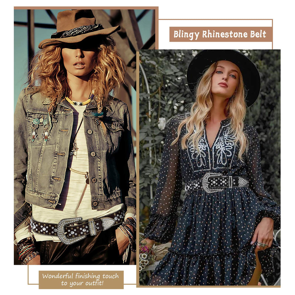 Women Rhinestone Belt for Jeans, SANSTHS Men Western Cowgirl Bling Studded Belt Faux Crocodile Grain Leather