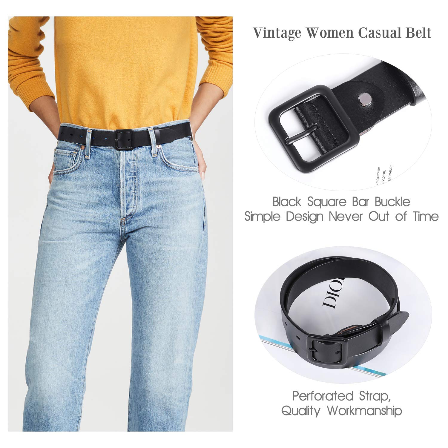 JASGOOD Women's Black Leather Jeans Belt Waist Casual Belt for Pants Shorts with Black Metal Buckle - JASGOOD OFFICIAL