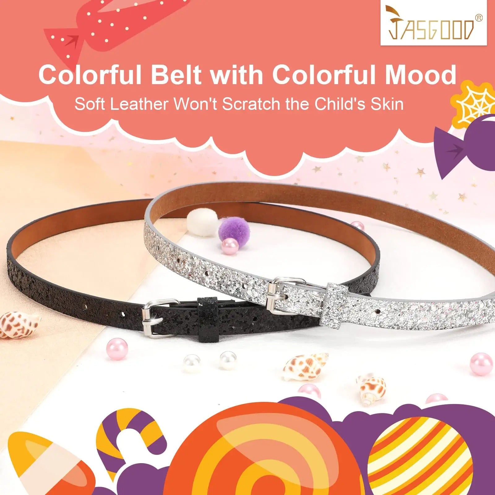 4 Pack 3 Pack 2 Pack Kids Belt Fashion Glitter Belt, Cute Shiny PU Leather Belt for Girls and Boys Back to School Gift - JASGOOD OFFICIAL