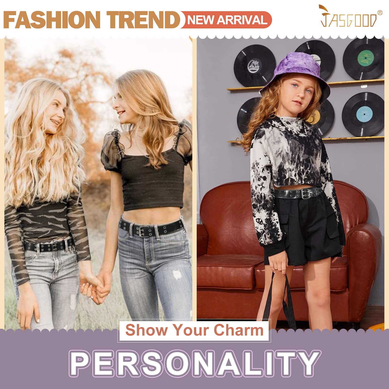 JASGOOD Kids Double Grommet Belt for Girls and Boys, PU Leather Kids Double Studded Holes Belt for Jeans Pants - JASGOOD OFFICIAL