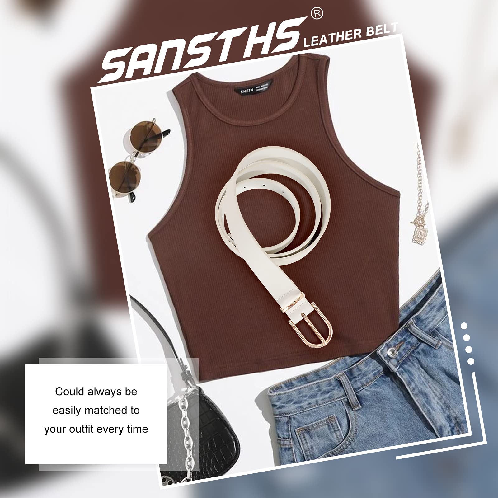 Women Leather belt Faux leather Chic Belt for Jeans Solid Color with Long Gold Curved Pin Buckle - JASGOOD OFFICIAL