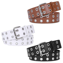 2 Pack Double Grommet Belt PU Leather Punk Belt for Women Jeans