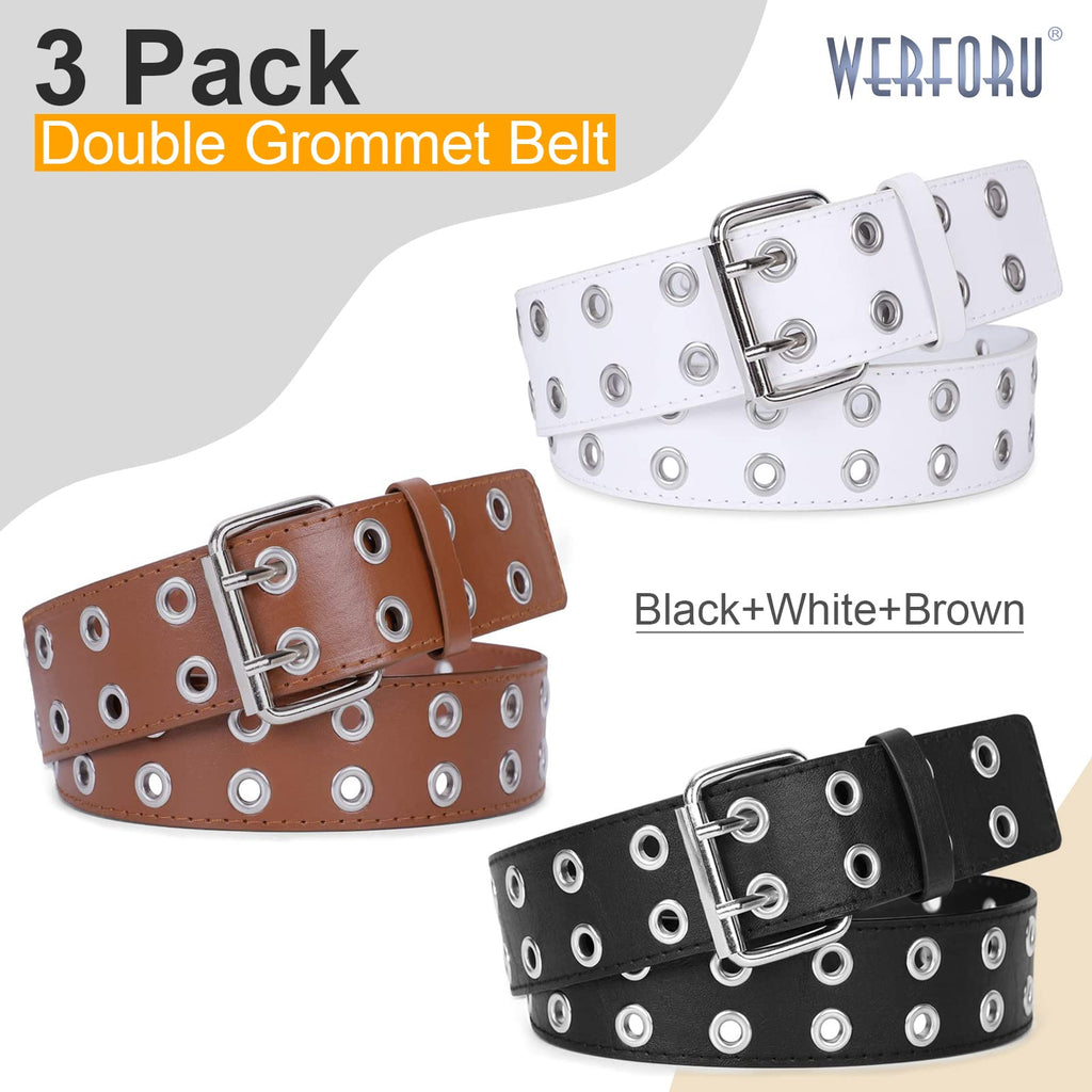 2 Pack Double Grommet Belt PU Leather Punk Belt for Women Jeans