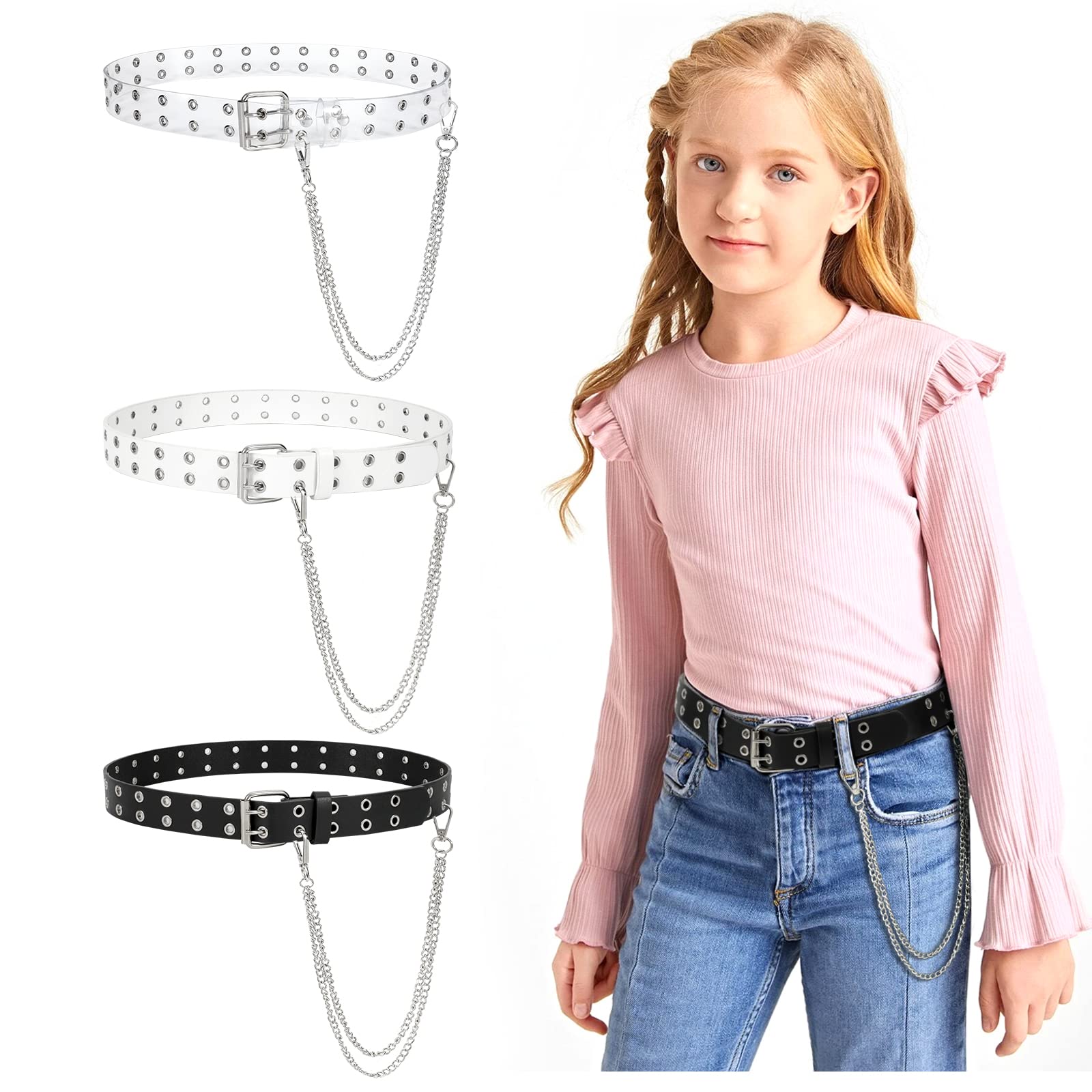 JASGOOD Kids Double Grommet Belt for Girls and Boys, PU Leather Kids Double Studded Holes Belt for Jeans Pants - JASGOOD OFFICIAL