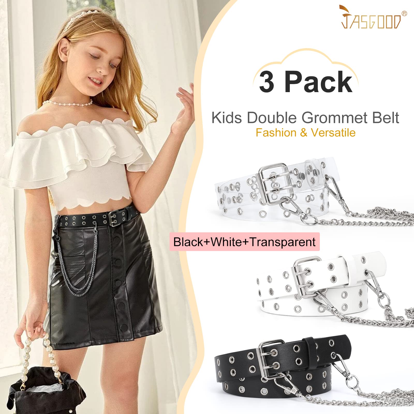 JASGOOD Kids Double Grommet Belt for Girls and Boys, PU Leather Kids Double Studded Holes Belt for Jeans Pants - JASGOOD OFFICIAL