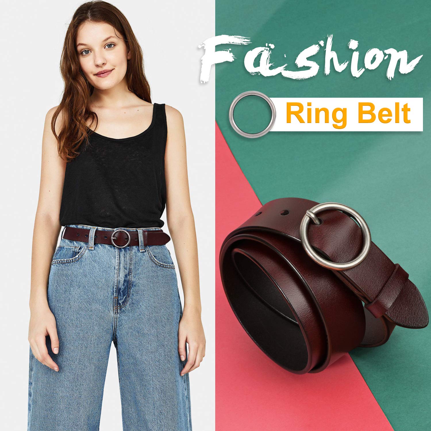 Women Casual Dress Belt Fashion Leather Belt with O Ring Buckle for Jeans Pants - JASGOOD OFFICIAL