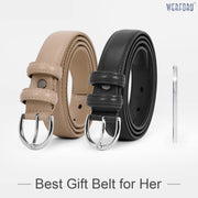 Women Leather Belt Skinny Dress Belt for Jeans Pants with Silver Buckle