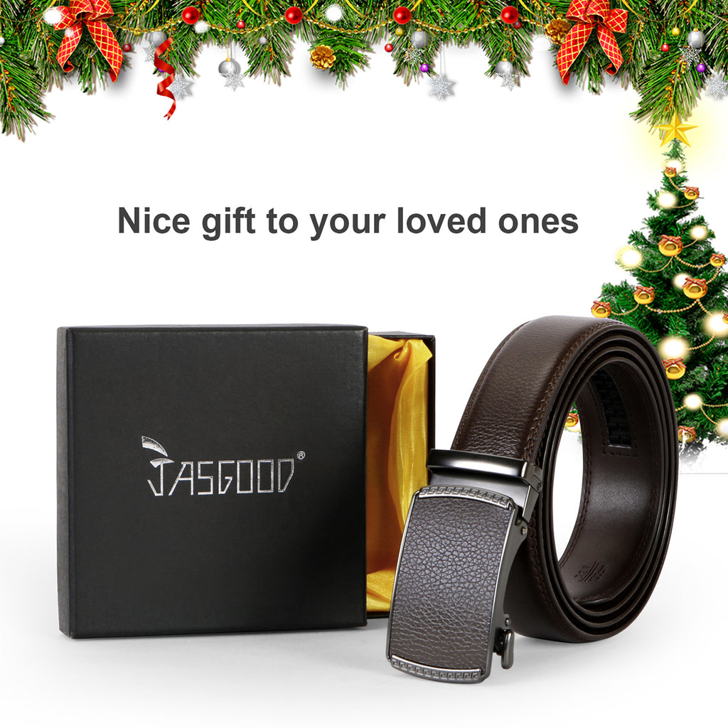 JASGOOD Men Leather Belt Automatic Buckle Ratchet Dress Belt with High Quality Leather in Nice Gift Box Perfect Gift for Men 