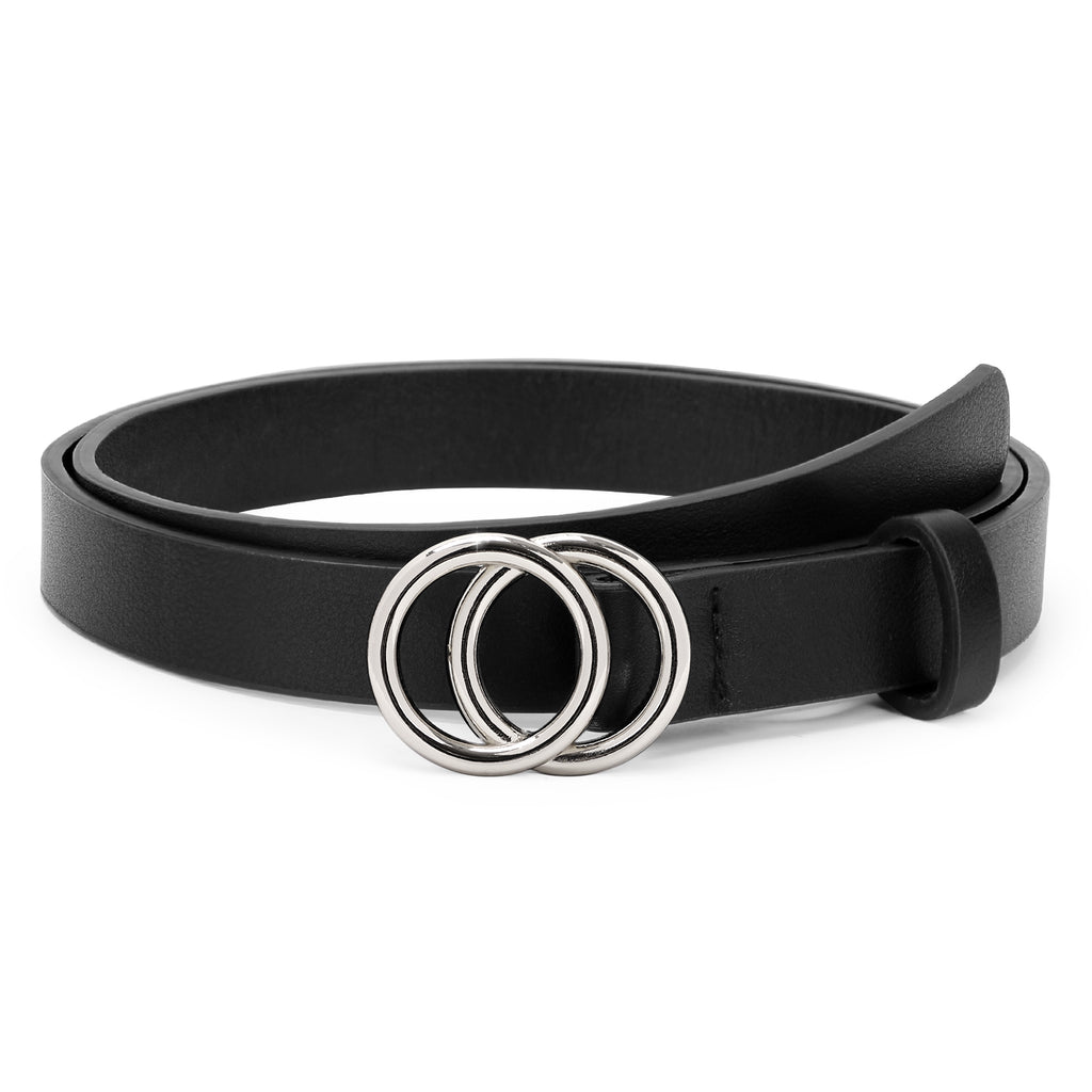 Women's Leather Skinny Belts for Dress Jeans Pants Fashion Soft Leather Waist Belts with Double O-Ring Buckle 