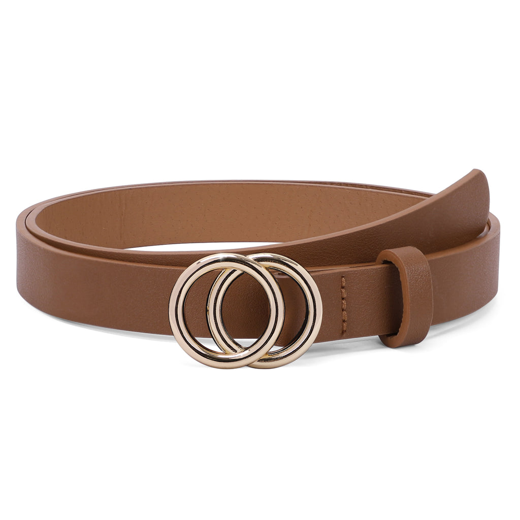 Women's Leather Skinny Belts for Dress Jeans Pants Fashion Soft Leather Waist Belts with Double O-Ring Buckle 