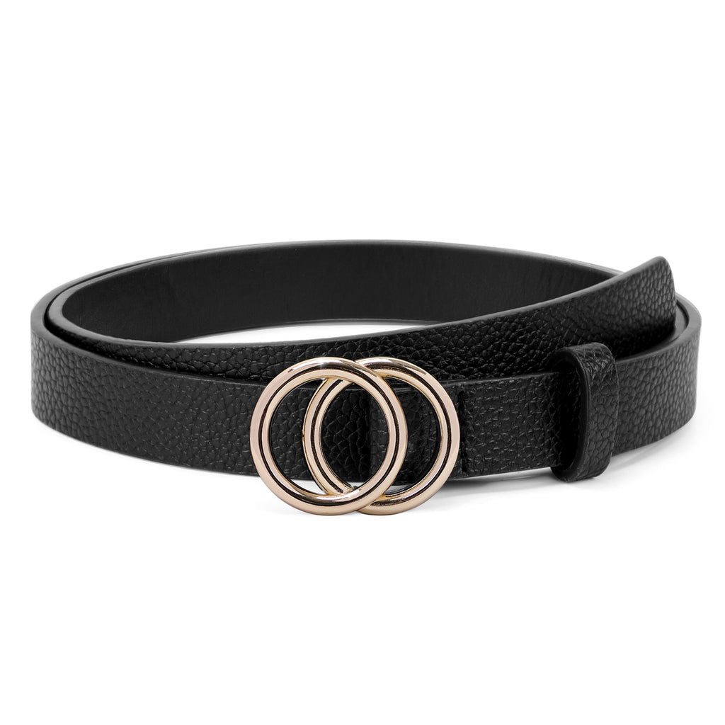 Women's Leather Skinny Belts for Dress Jeans Pants Fashion Soft Leather Waist Belts with Double O-Ring Buckle 