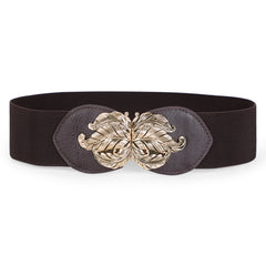 JASGOOD Women Vintage Elastic Belt,Stretch Dress Waistband for Ladies,Cute Waist Belt with Gold Leaf Buckle,2.3Inch Wide 