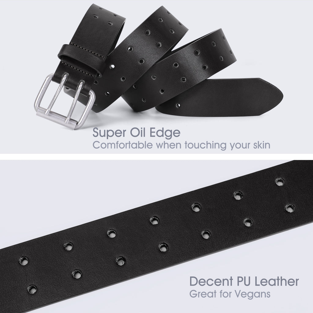 JASGOOD Double Prong Belt for Men,PU Leather Work Belts for Jeans,2 Hole Leather Belts for Men-Casual Leather Belt for Pants 