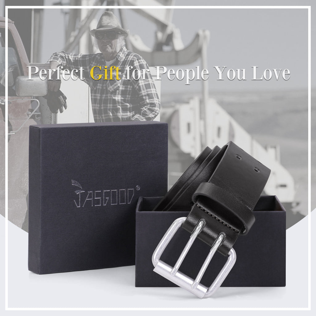 JASGOOD Double Prong Belt for Men,PU Leather Work Belts for Jeans,2 Hole Leather Belts for Men-Casual Leather Belt for Pants 