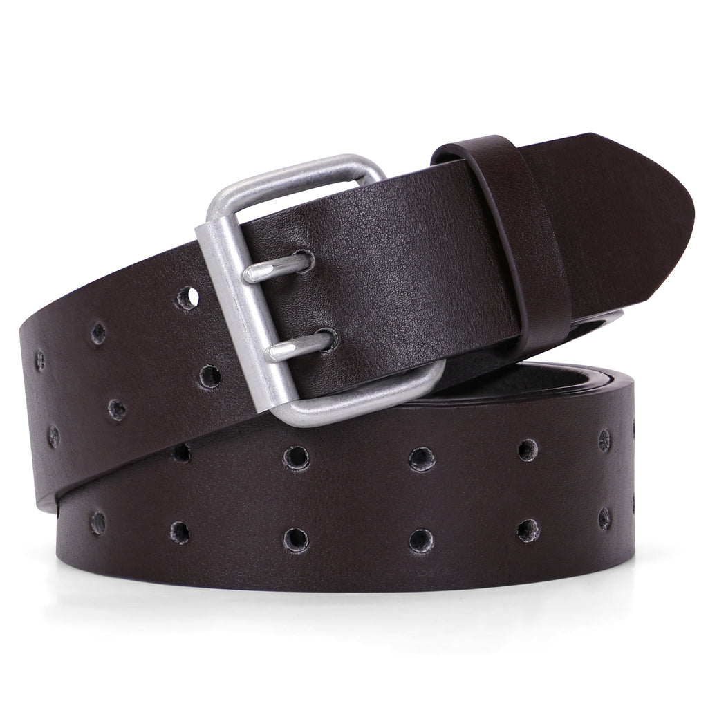 JASGOOD Double Prong Belt for Men,PU Leather Work Belts for Jeans,2 Hole Leather Belts for Men-Casual Leather Belt for Pants 