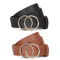 BALTEUS 2 Pack Women Leather Belts Faux Leather Jeans Belt with Double O-Ring Buckle 